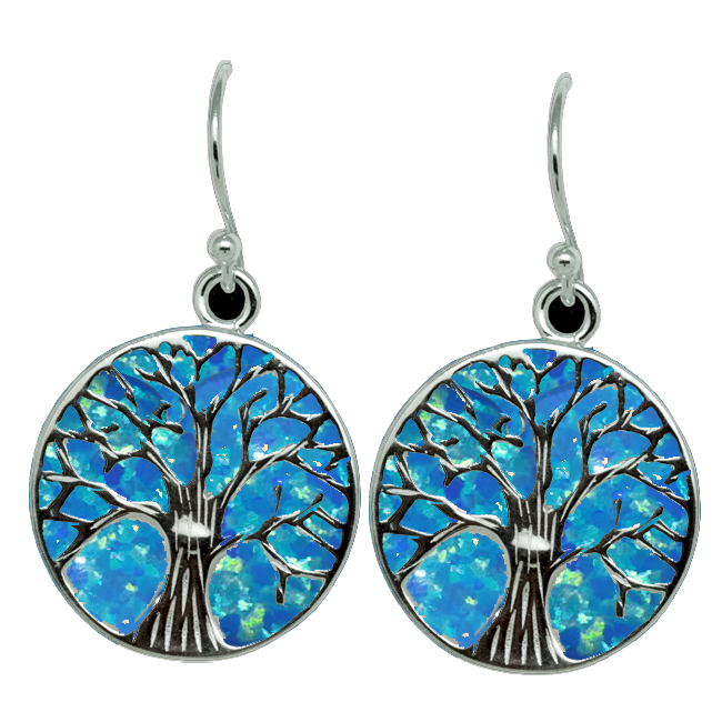 Sterling Silver and Blue Opal Backed Tree of Life Earrings